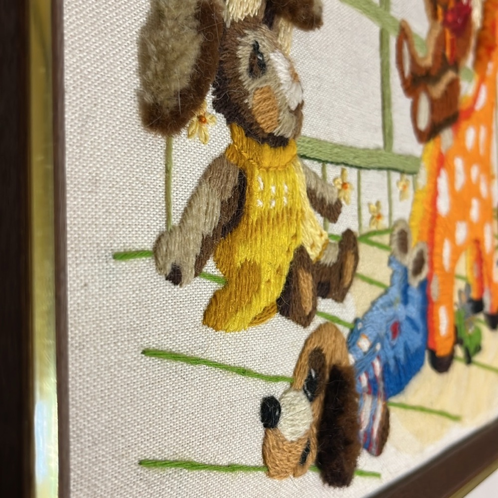 Handmade Vintage Nursury Animals Crewel Embroidery on Muslin - Picture 3 of 11